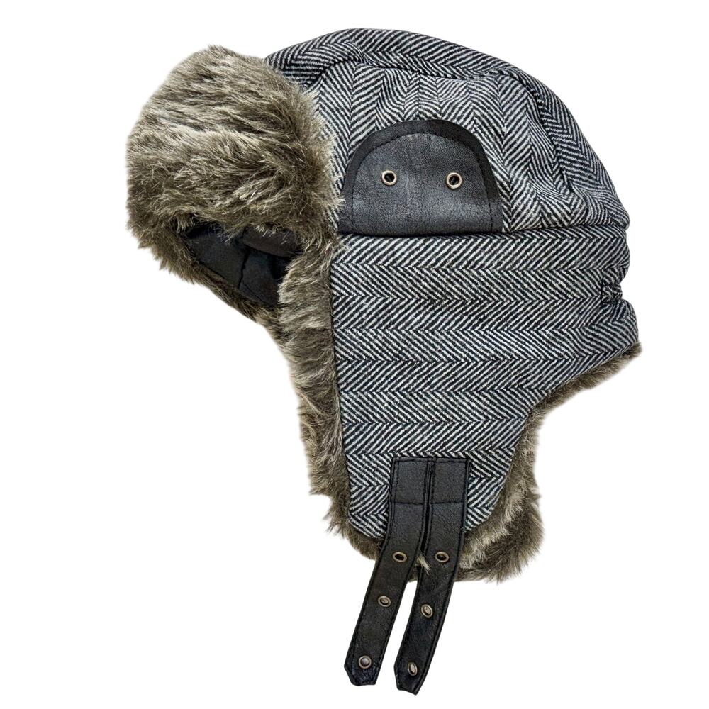 N'Ice Caps Kids Winter Trapper Hat Gray Herringbone Tweed "Fur" Lined Ear Flaps